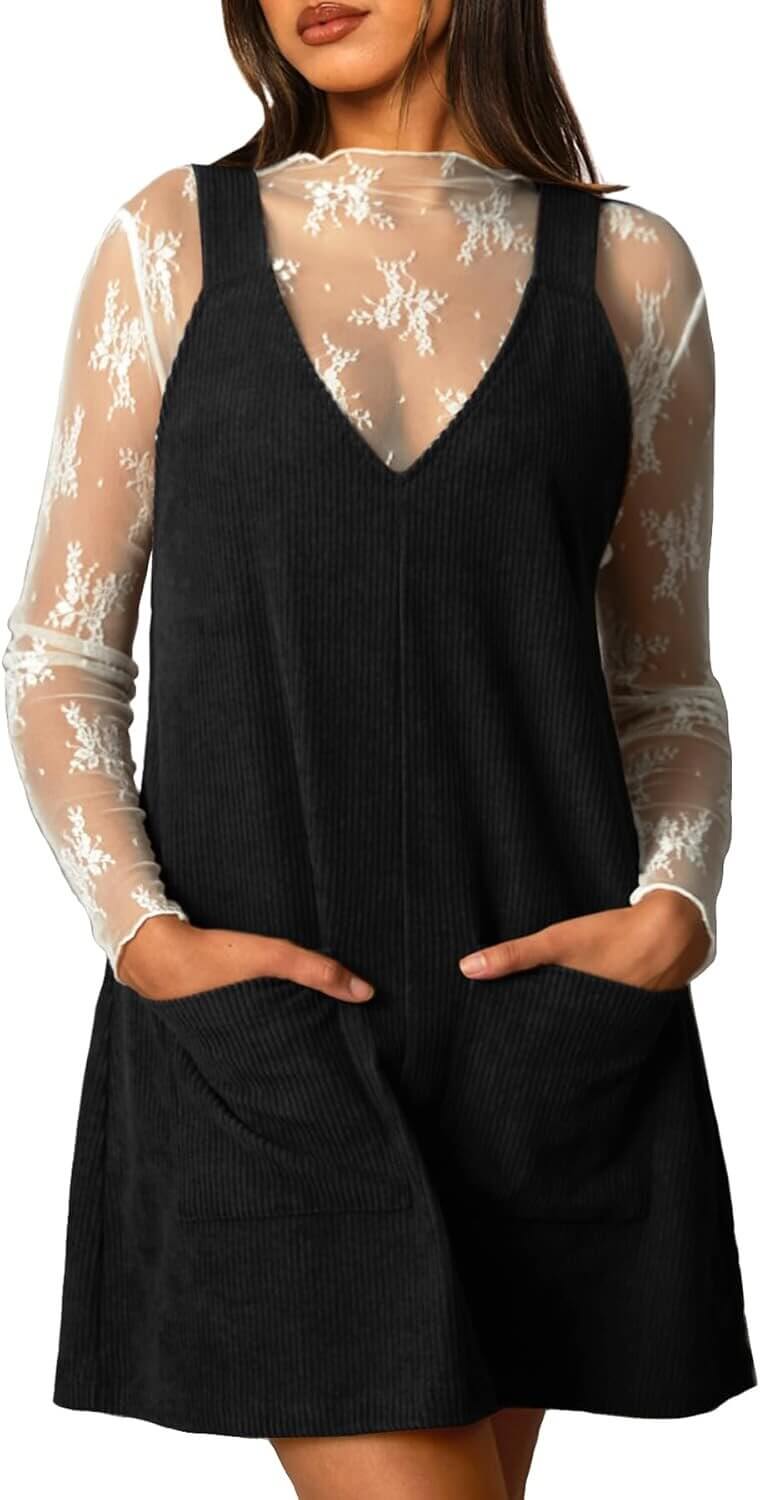 Corduroy Overall Dress - Stylish V-Neck Pinafore with Pockets 