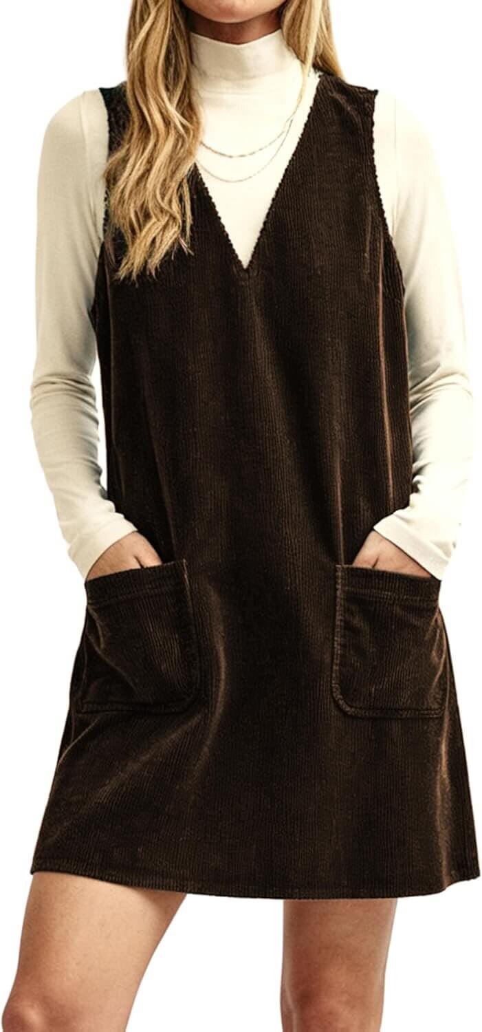 Corduroy V-Neck Dress with Pockets - Perfect for Any Occasion! - Don’t Miss the 18% Discount!