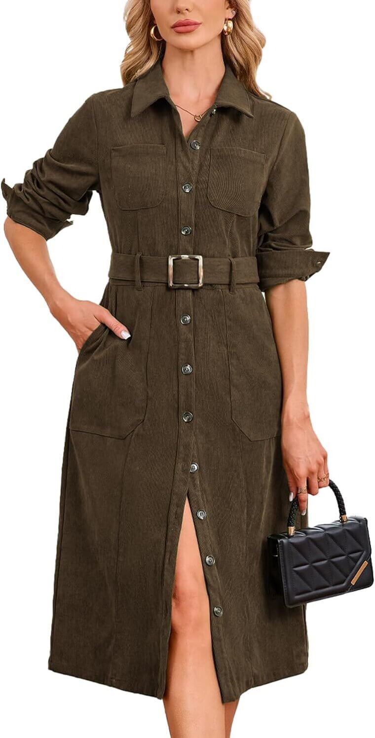 Corduroy Midi Dress: Stylish Comfort with Pockets 