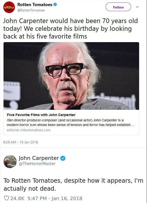When John Carpenter Had To Expose Rotten Tomatoes For Killing Him