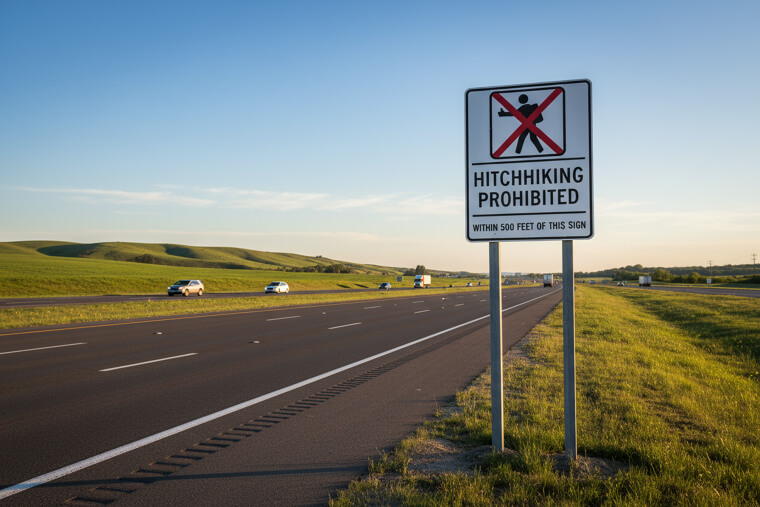 "Hitchhiking Prohibited Within 500 Feet of This Sign"