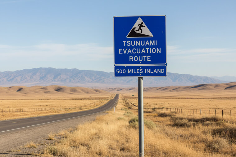 "Tsunami Evacuation Route" (500 Miles Inland)