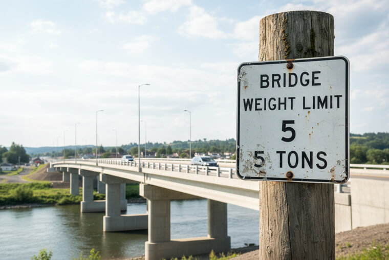 "Bridge Weight Limit 5 Tons" (Bridge Rebuilt for 40 Tons)