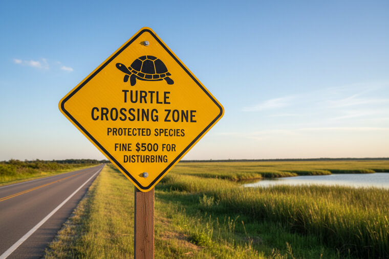 "Turtle Crossing Zone - $500 Fine for Disturbing"