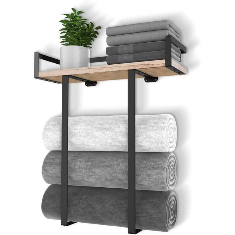 Stylish Towel Rack with Wooden Shelf for Modern Bathrooms 