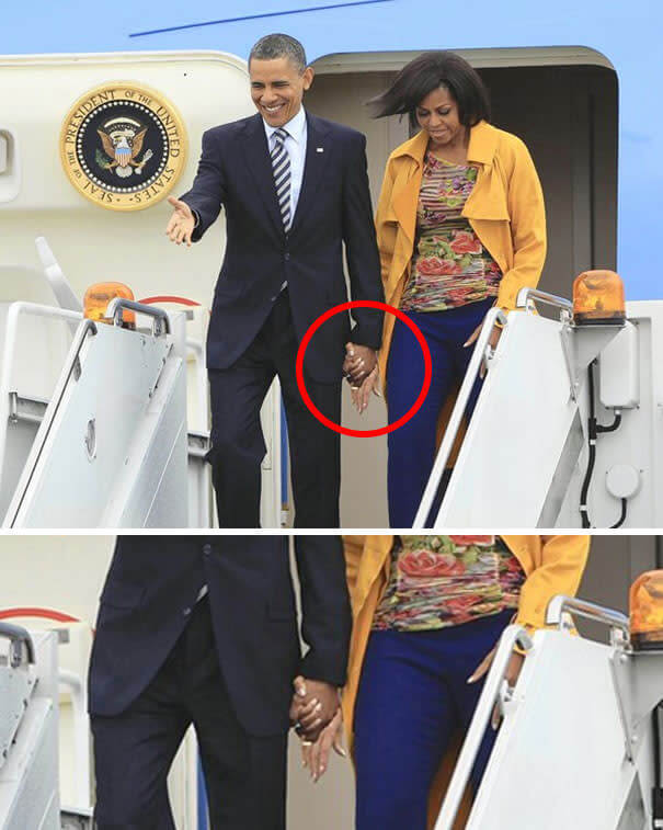 Obama Holds His Own Hands And Michelle's