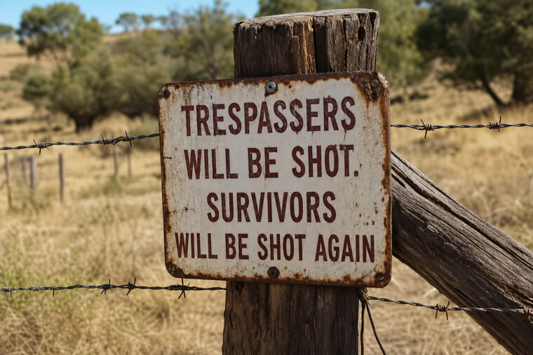 "Trespassers Will Be Shot. Survivors Will Be Shot Again"