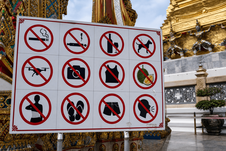 Thailand's Temple Sign Listing 17 Forbidden Activities Including "No Durian"