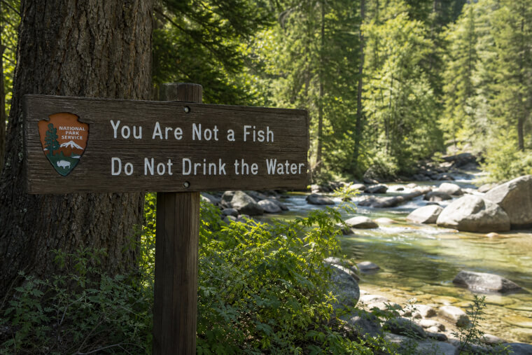 "You Are Not a Fish — Don't Drink the Water" Park Service Sign