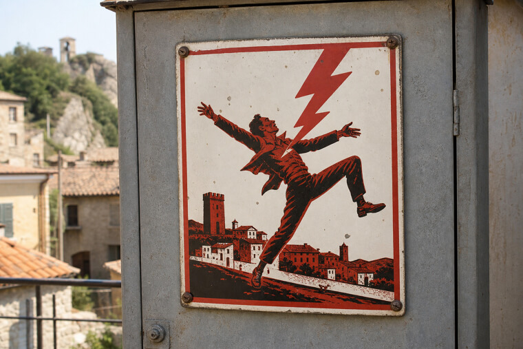 The Italian "Danger of Death" Sign Featuring a Man Struck by Lightning While Running