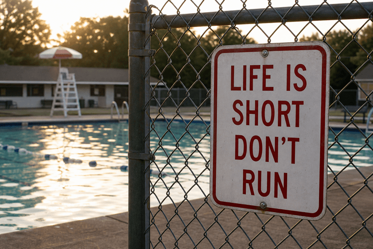 "Life Is Short — Don't Run" Swimming Pool Sign