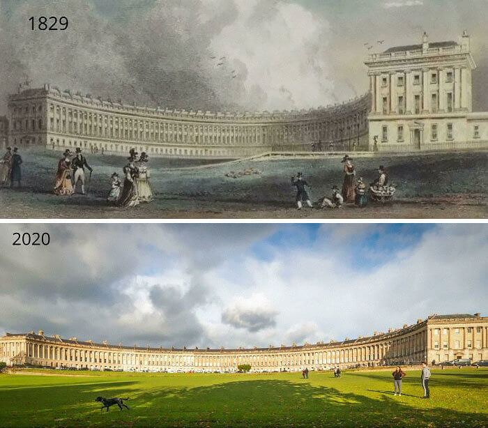 The Royal Crescent, Bath, UK. 1829 And 2020