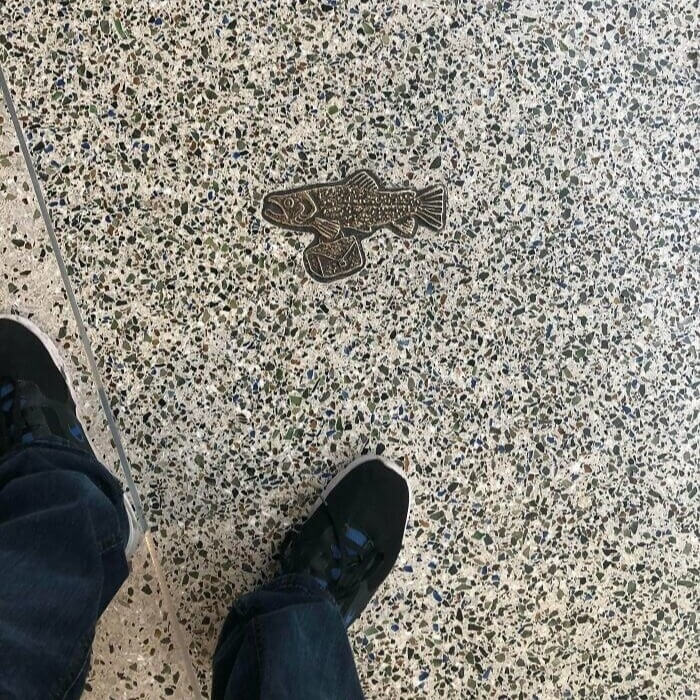 シアトル空港の床には真鍮製の魚が散らばっていて、この魚は旅行に行く途中だそうです。