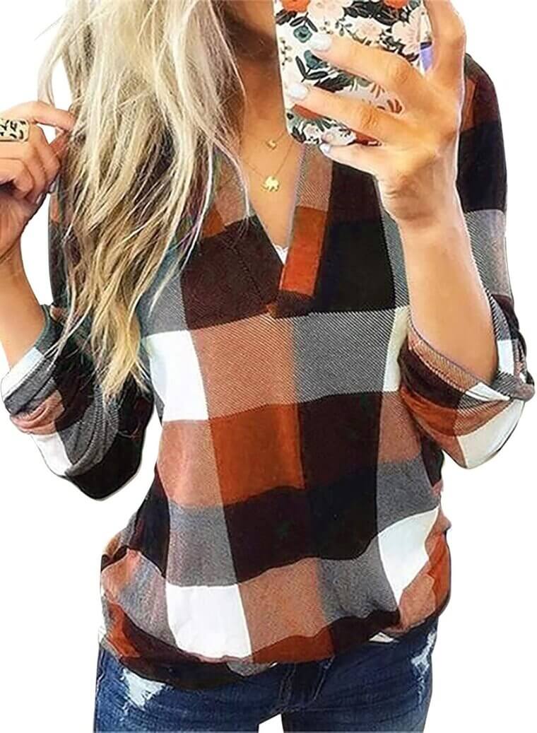 Dokotoo Plaid V Neck Top - Perfect for Work or Casual Days - Enjoy 61% Off!