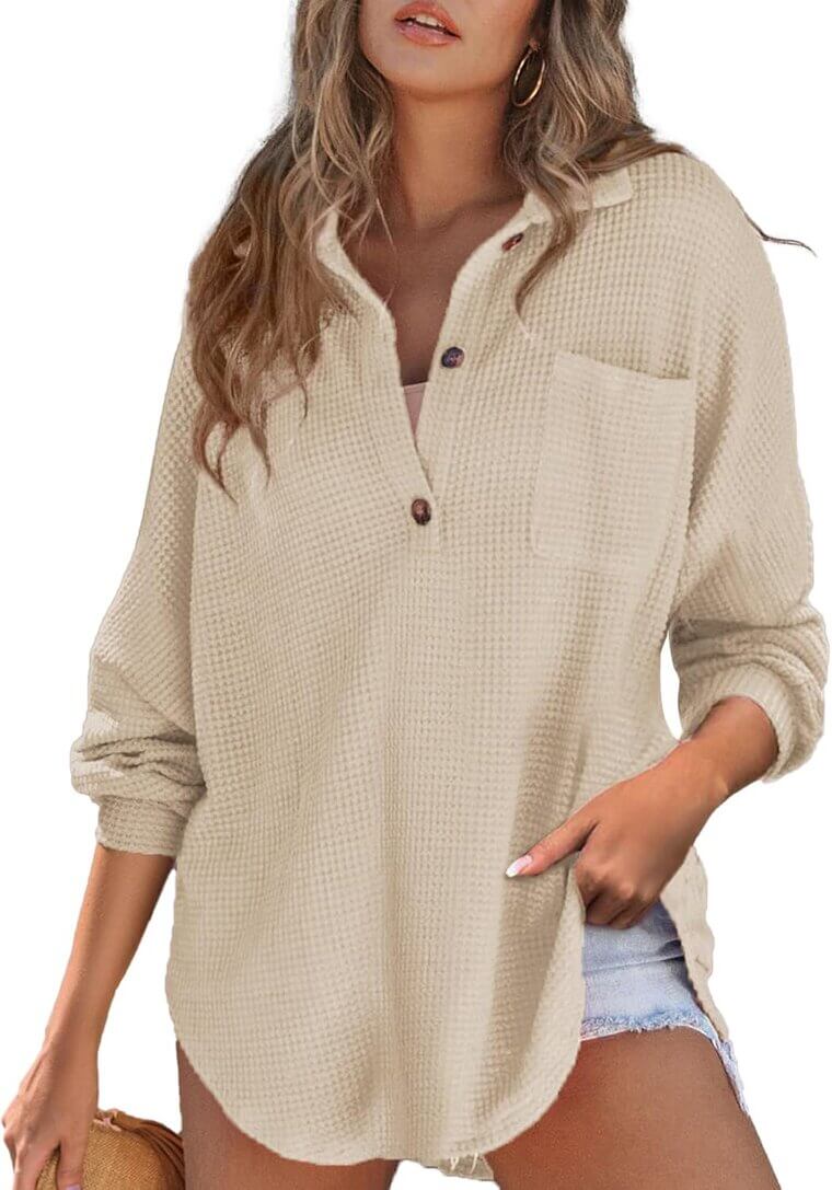 Astylish Waffle Knit Henley - Cozy V Neck Tunic for Every Occasion - Enjoy 33% Off!