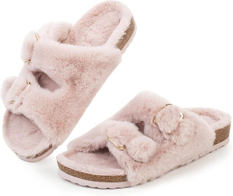 Fitory Cozy Cork Slides with Faux Fur - Perfect Comfort! - Now 22% Off!