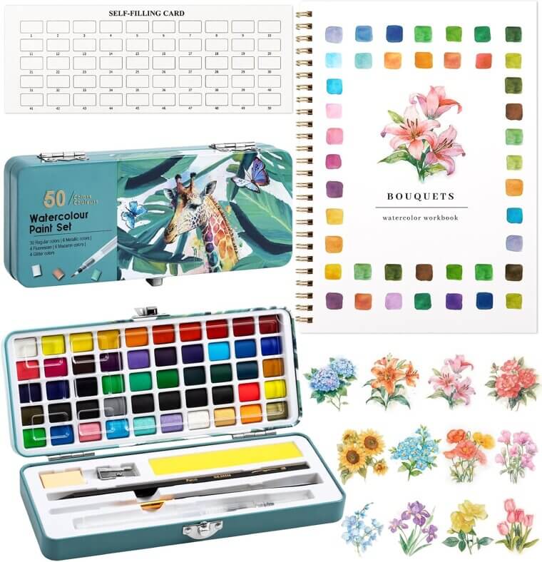 Watercolor Workbook: Beginner-Friendly Art Kit with 50 Colors & Accessories - Enjoy 10% Off!