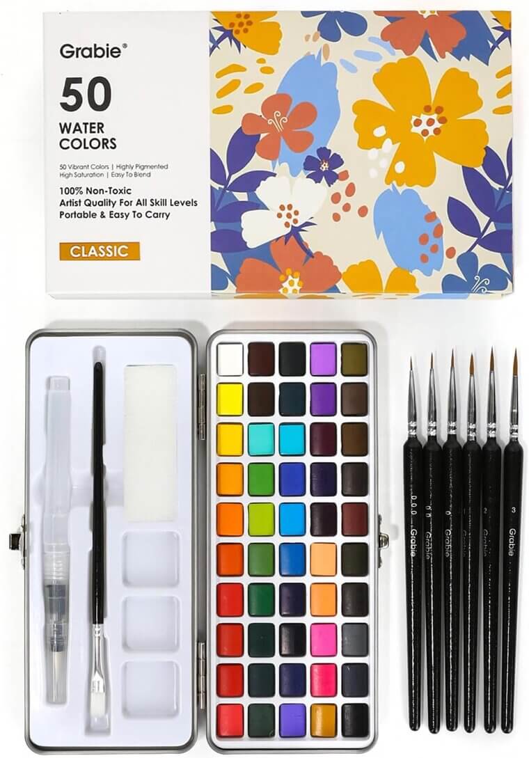 Grabie Watercolor Paint Set - 50 Vibrant Colors & Brush Included - 15% Off!