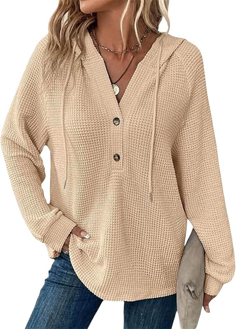 Women's Waffle Knit Hoodie - Cozy & Stylish Long Sleeve Essential 