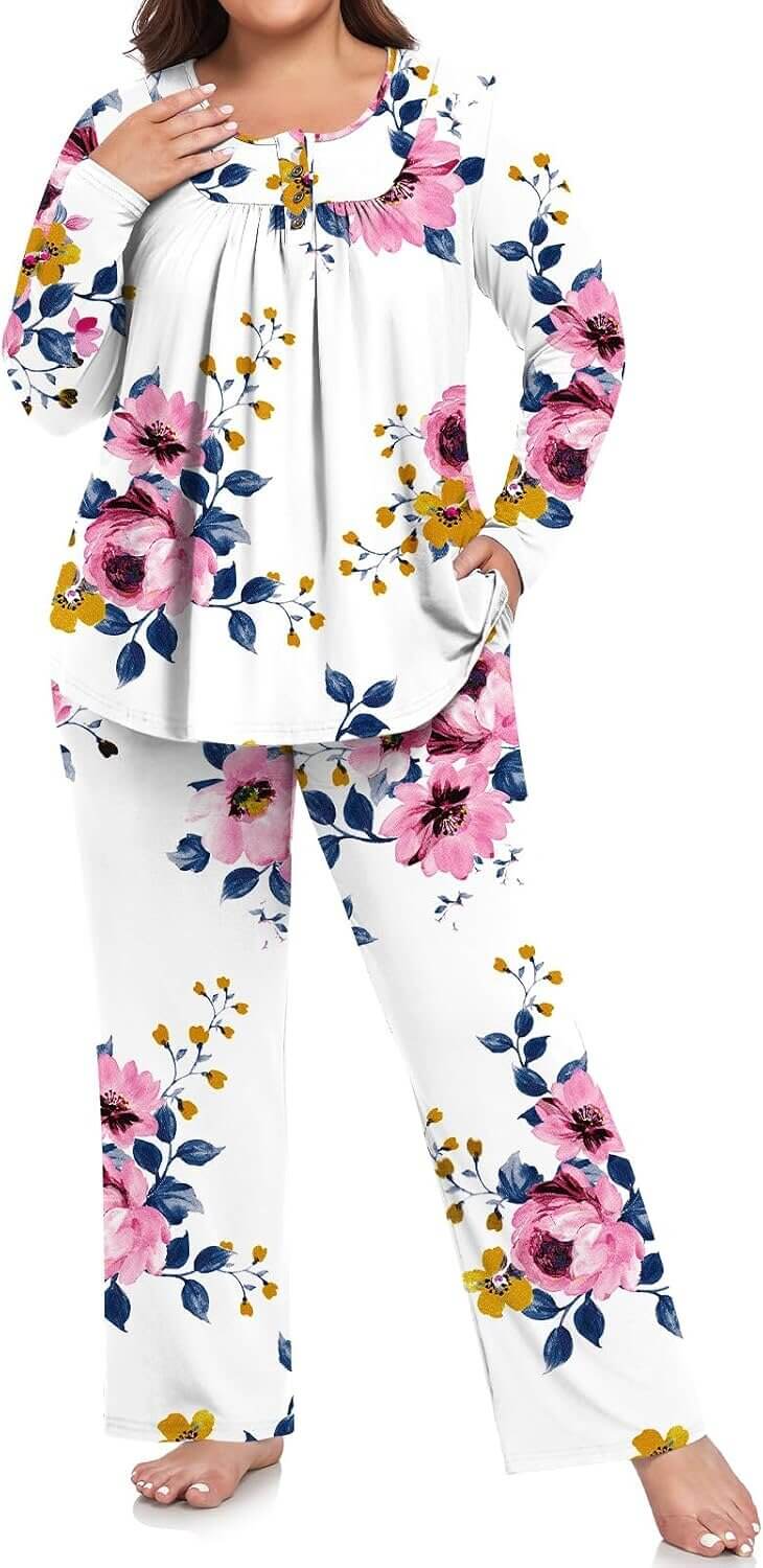 POPYOUNG Plus Size Pajamas - Cozy Lounge Wear with Pockets 
