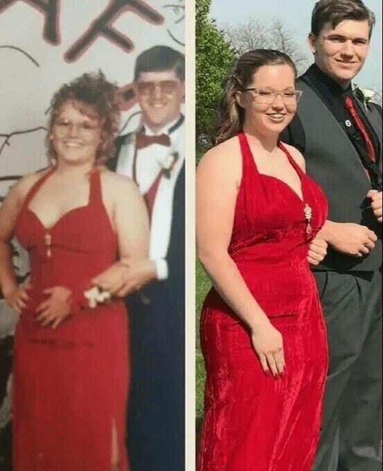 Keeping Her Own Style While Wearing Her Mom's Bright Red Gown