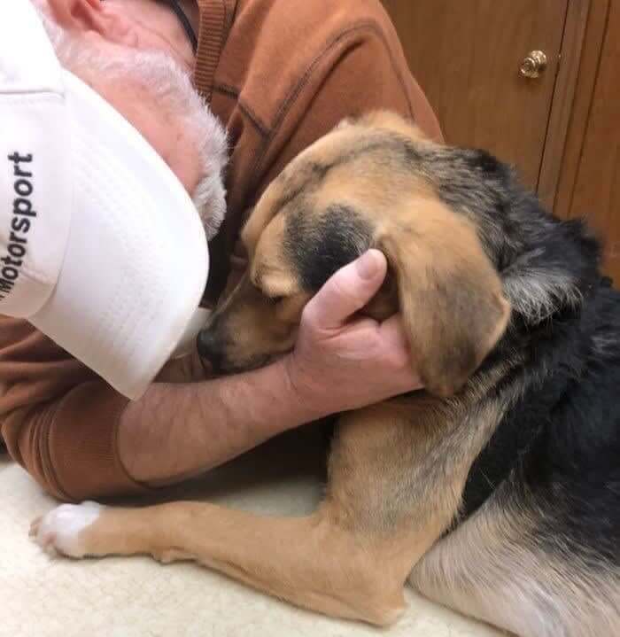 初めての動物病院への来院で、このお父さんは犬を元気付けてあげています