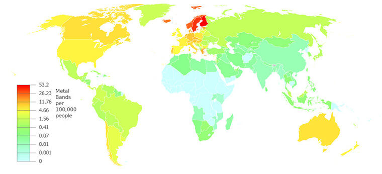 Heavy Metal Bands Per 100,000 People Are Concentrated In Scandinavia