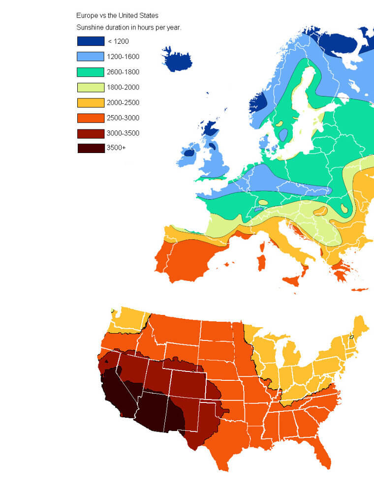 Sunshine Hours Per Year For The USA And European Nations