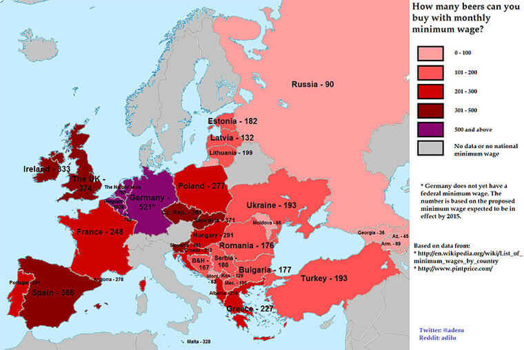 How Many Beers Can Minimum Wage Buy In Different Parts Of Europe?