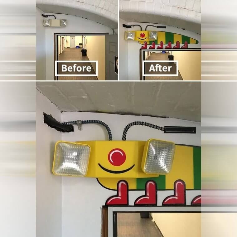 A Yellow Light in the Corner of the Hallway Becomes a Friendly Caterpillar