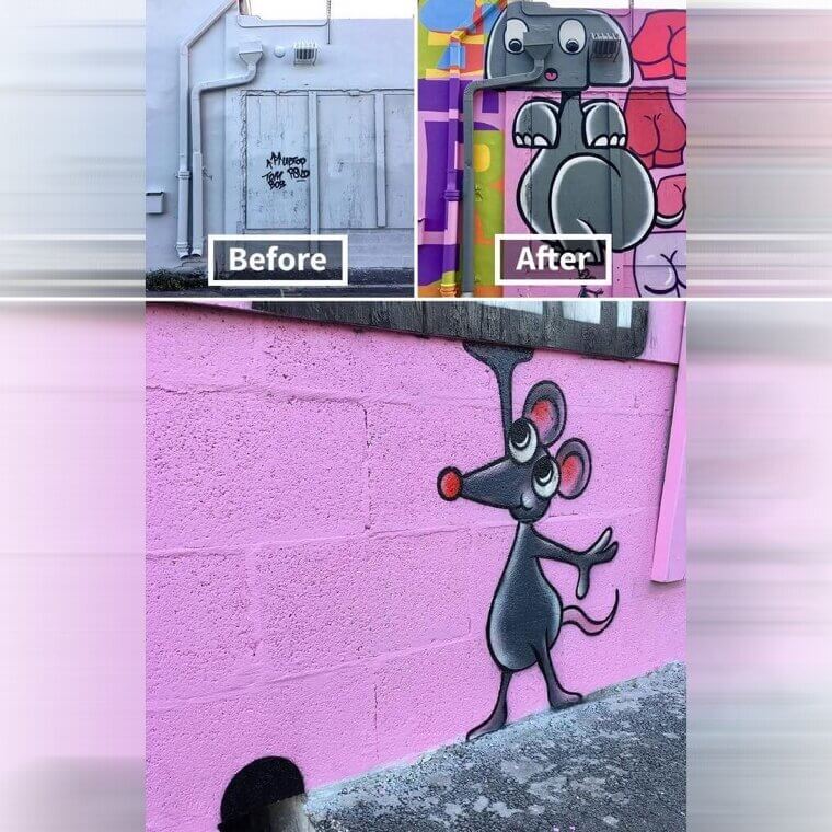A Boring Wall Into a Mural of a Mouse Holding up an Elephant