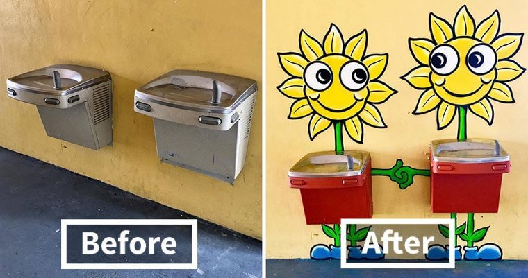 Two Water Fountains Turned Into Sunflowers Holding Hands