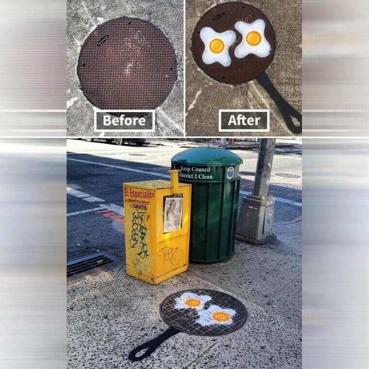 A Sewer Cap Turned Into a Frying Pan With Sunny Side up Eggs