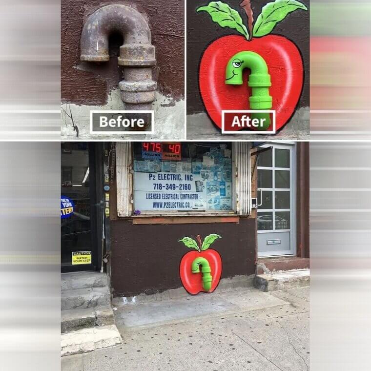 A Rusty Pipe Becomes a Painting of an Apple in the Big Apple