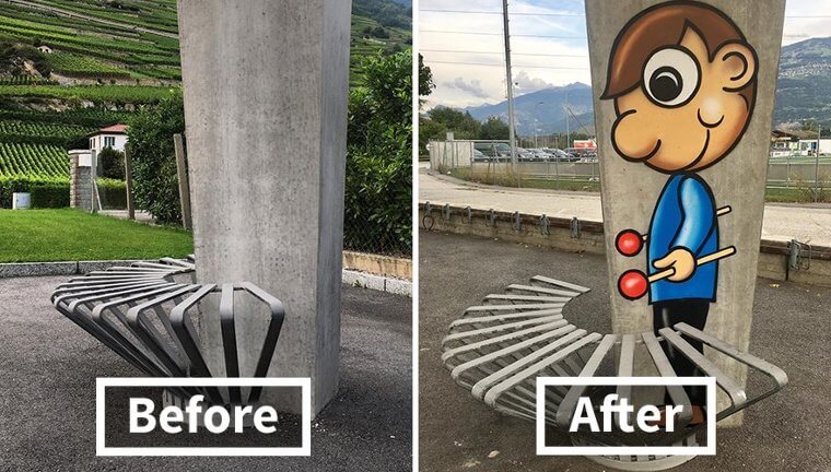 A Concrete Pillar and a Strange Bench Become a Xylophone Player
