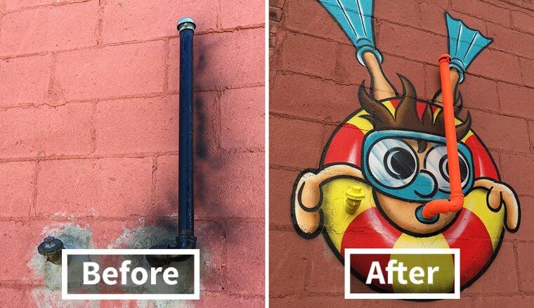 Some Water Pipes Protruding Out of a Building Become a Scuba Diver