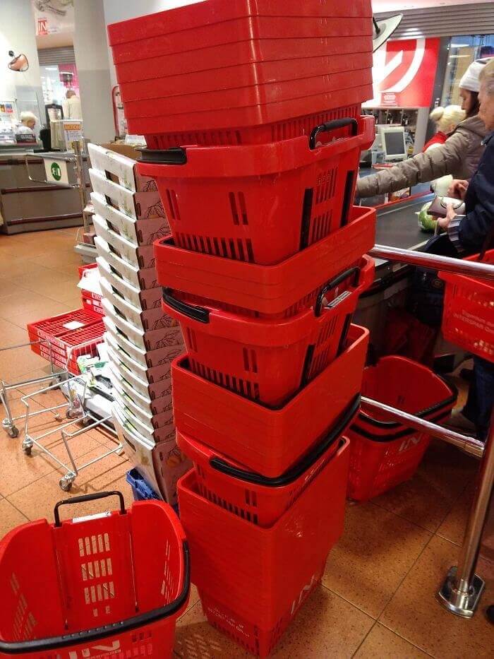 The Way Customers Stacked The Baskets Is Comical