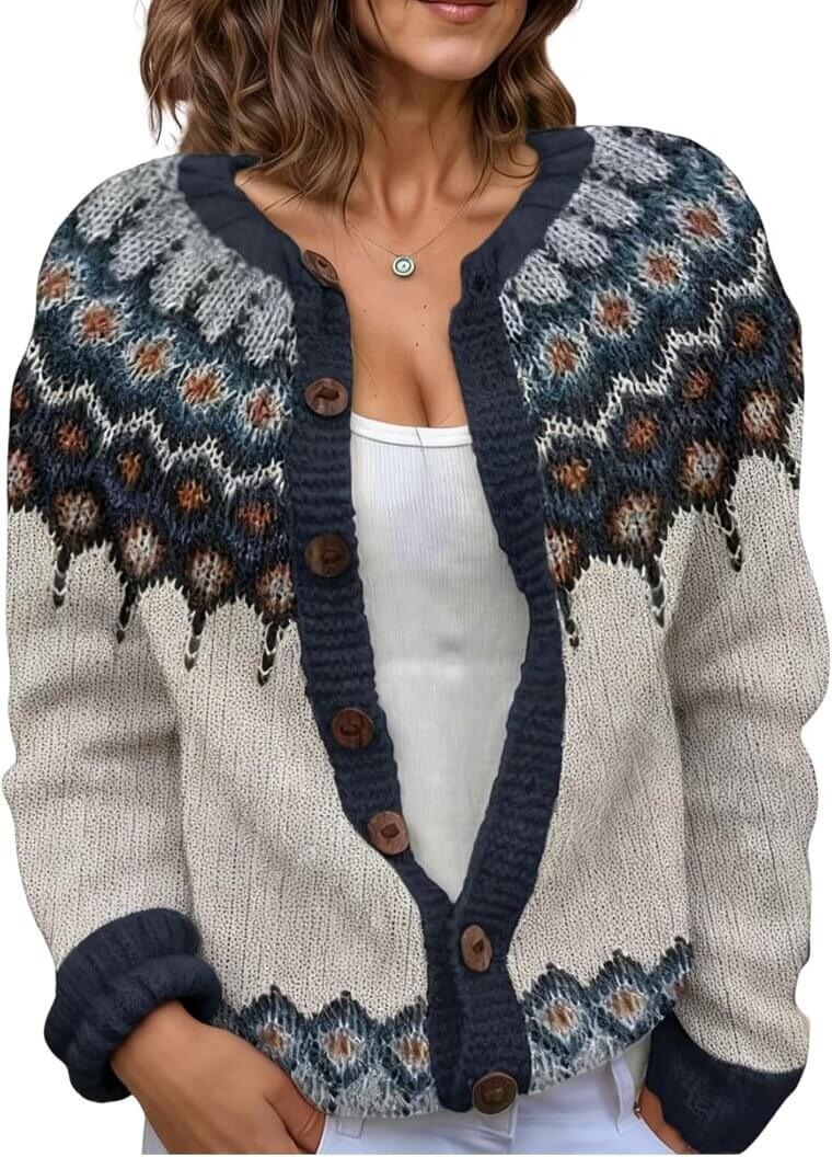 LIZALIG Fair Isle Cardigan - Cozy Vintage Style for Fall