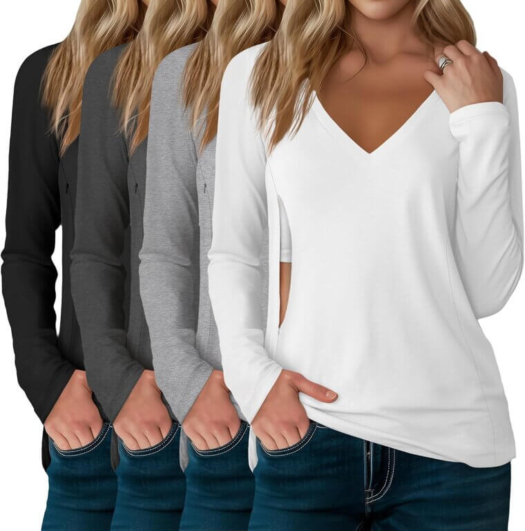 Nursing Shirts 4 Pack - Versatile V-Neck for Easy Breastfeeding