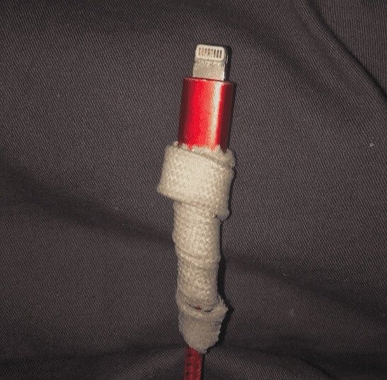 "a Shoelace That I Diy Superglue to Stop the Wires Being Exposed"