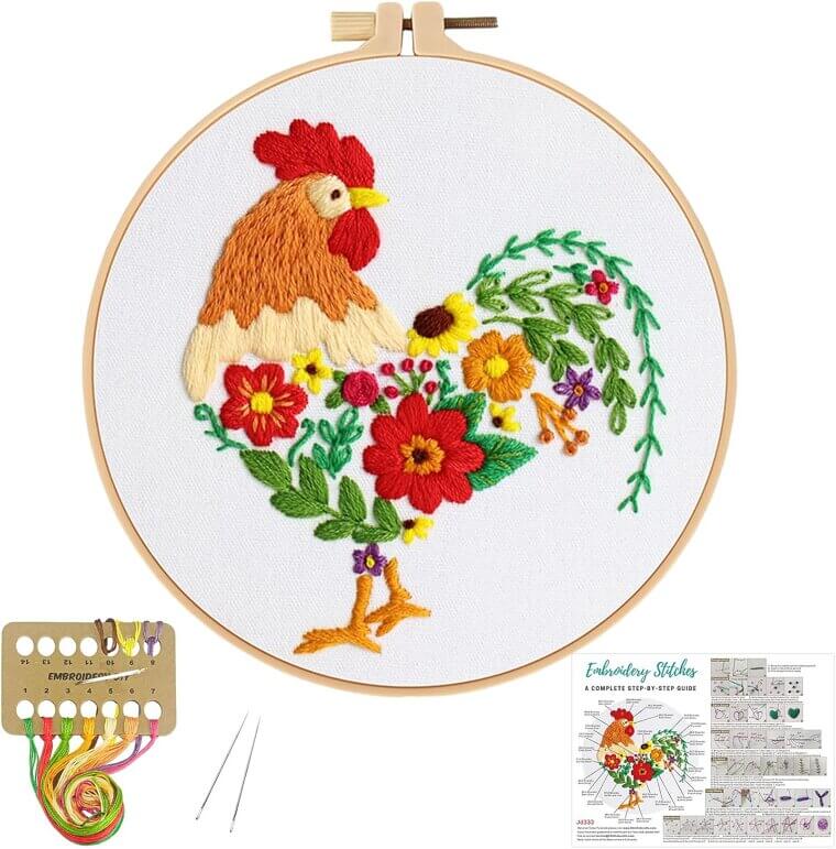 Embroidery Kits for Beginners - Fun Rooster & Flower Design - Enjoy 11% Off!
