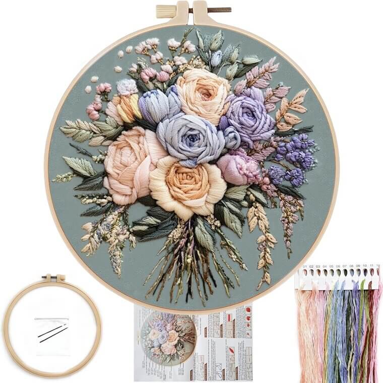 Bouquet Embroidery Kit - Perfect for Beginners, Includes Hoop & Threads 