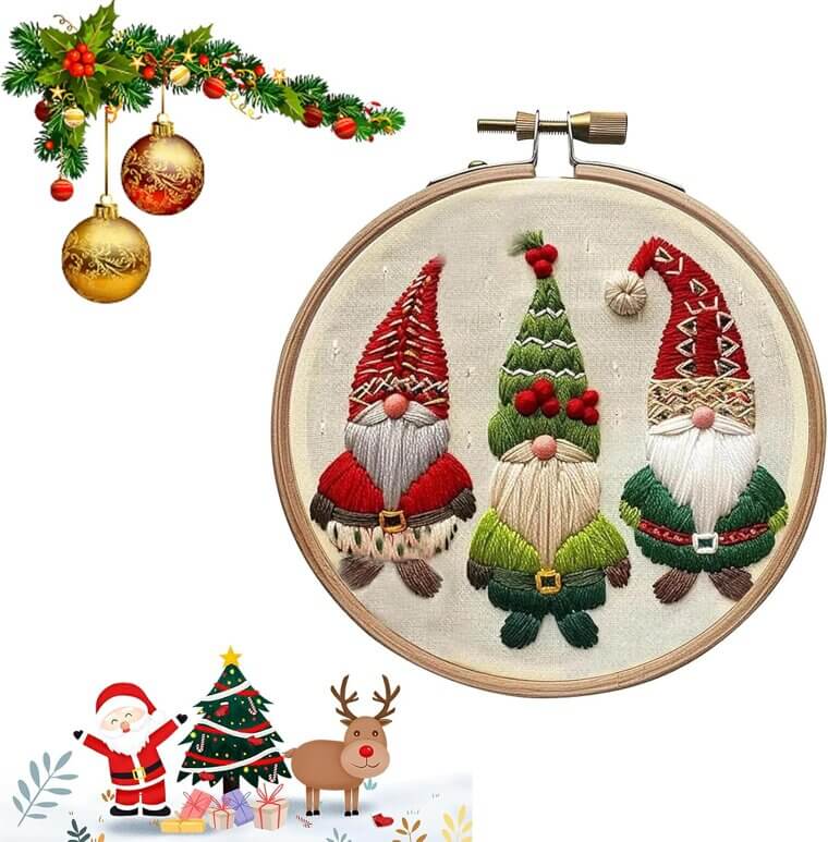 Gnomes Christmas Embroidery Kit - Perfect for Beginners & Adults 