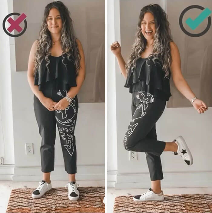 Mit einer Flamingo-Pose kannst du mehr von deinem Outfit zeigen