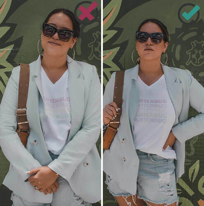 Zeig deine Taille, indem du deine Hand auf deine Hüfte legst