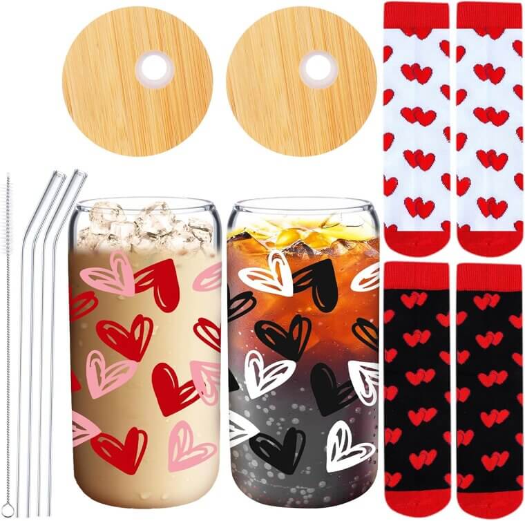 Valentine's Day Glass Cups & Socks - Perfect Gift Set 