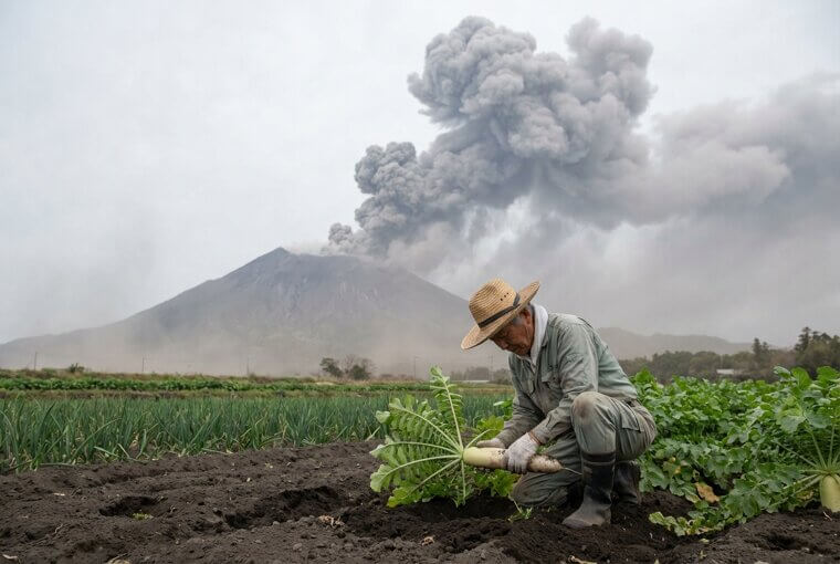 Sakurajima Erupting Behind a Farmer's Field