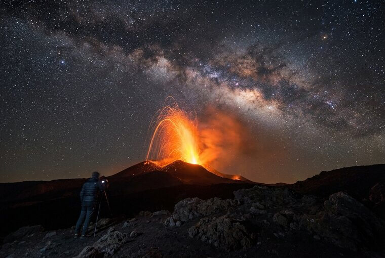 Mount Etna's Lava Fountain Against the Stars