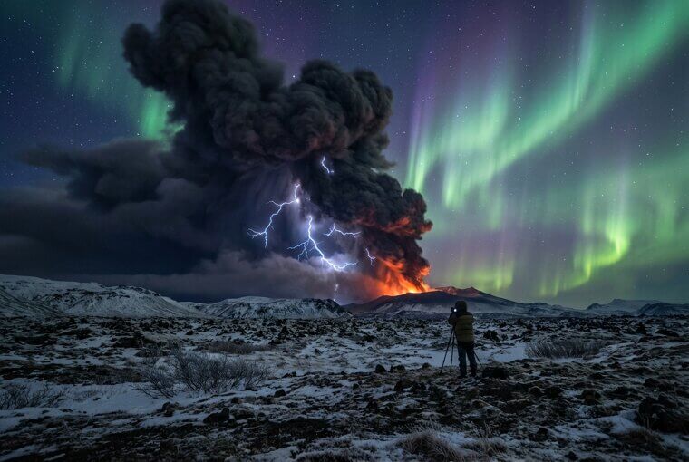 Iceland's Eyjafjallajökull Piercing the Aurora