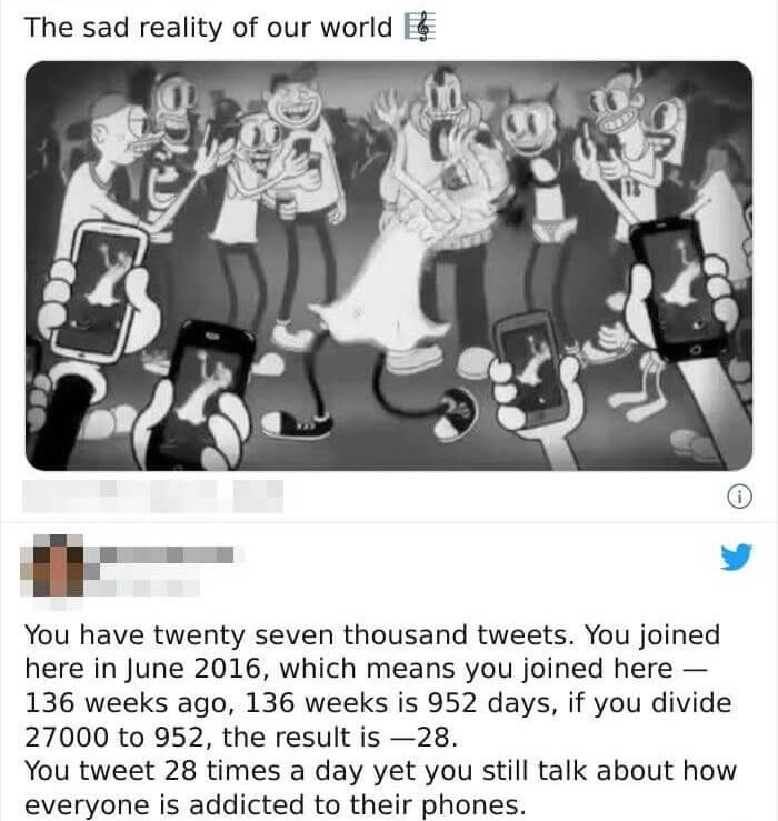 携帯電話に中毒になっている内容のツイート